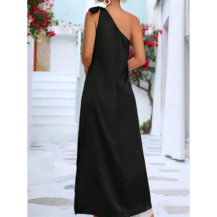 Kadın Tek Omuzdan Askılı Kurdela Detaylı Yırtmaçlı Uzun Janjan Krep Elbise