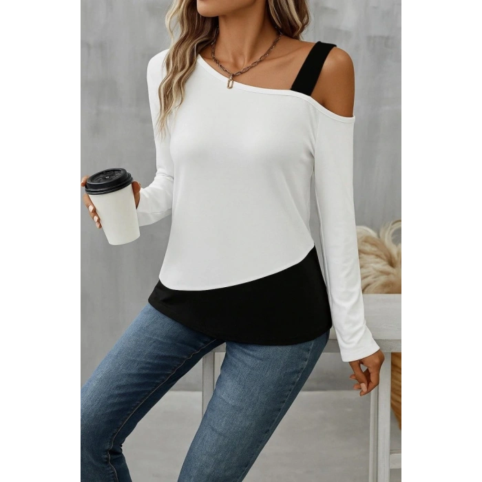 Kadın Tek Omuzu Açık Askılı çift Renkli Uzun Kollu Viskon Bluz