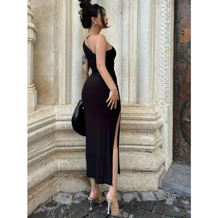 Kadın Tek Omuzu Açık Büzgülü Yandan Yırtmaçlı Uzun Sandy Elbise