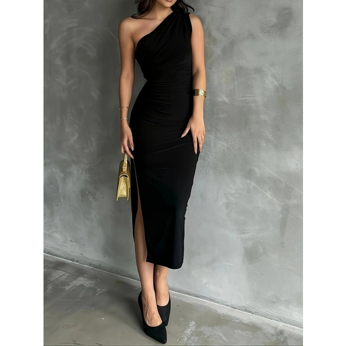 Kadın Tek Omuzu Açık Büzgülü Yandan Yırtmaçlı Uzun Sandy Elbise