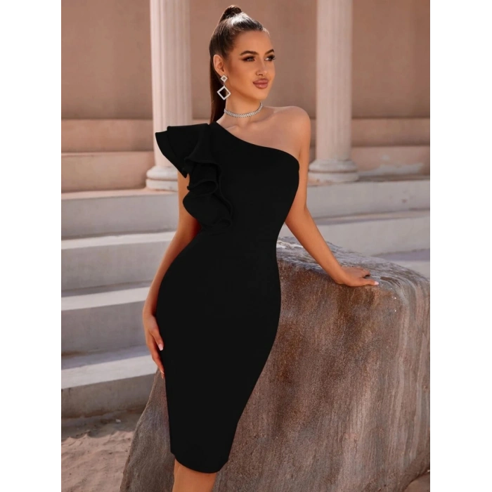 Kadın Tek Omuzu Açık Diğer Omuz Volan Detay Midi Ithal Krep Elbise