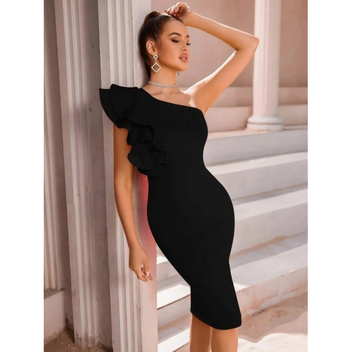 Kadın Tek Omuzu Açık Diğer Omuz Volan Detay Midi Ithal Krep Elbise