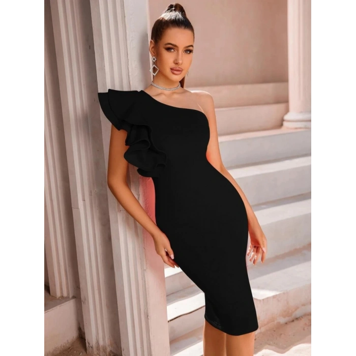 Kadın Tek Omuzu Açık Diğer Omuz Volan Detay Midi Ithal Krep Elbise