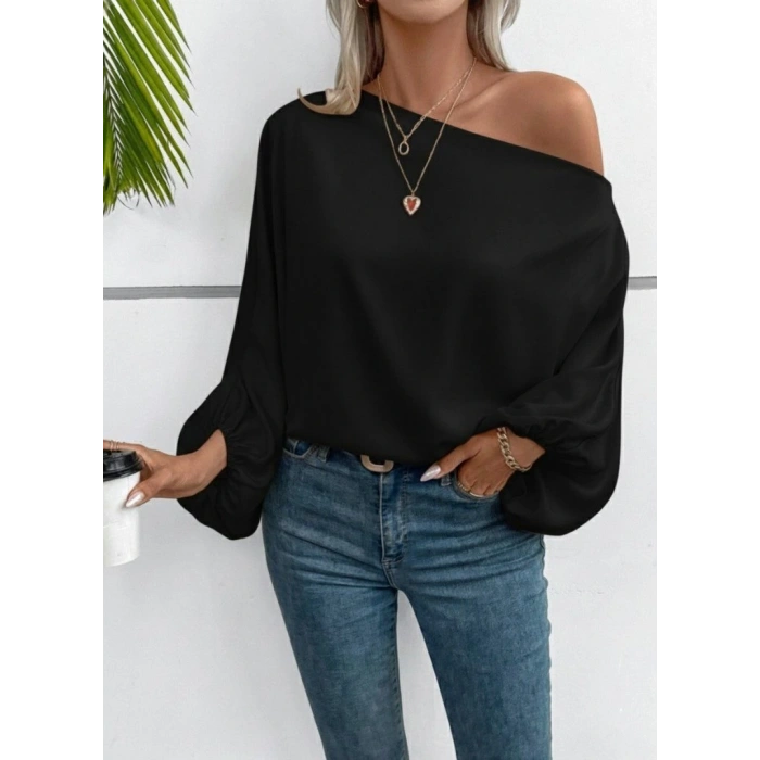 Kadın Tek Omuzu Açık Uzun Kollu Salaş Sandy Bluz
