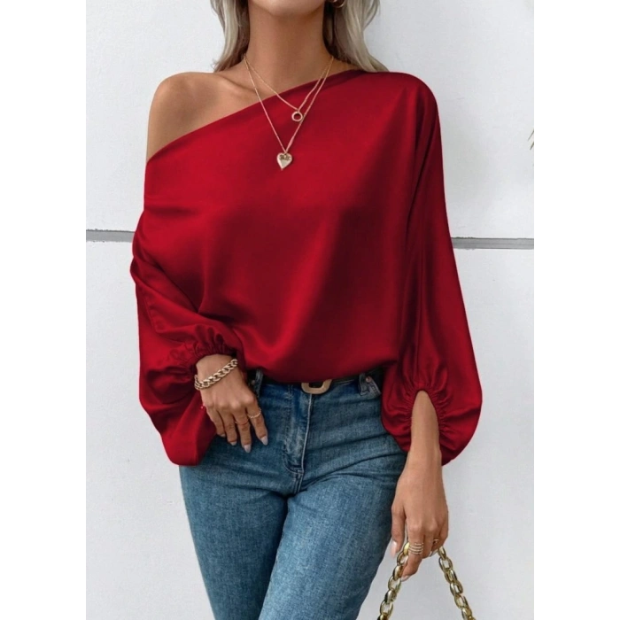 Kadın Tek Omuzu Açık Uzun Kollu Salaş Sandy Bluz
