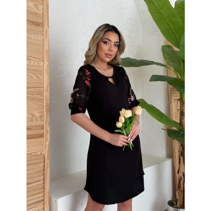 Kadın Truvakar Kol çiçek Desenli Tül Kol Bisiklet Yaka çiçek Desen Sandy Salaş Kısa Elbise