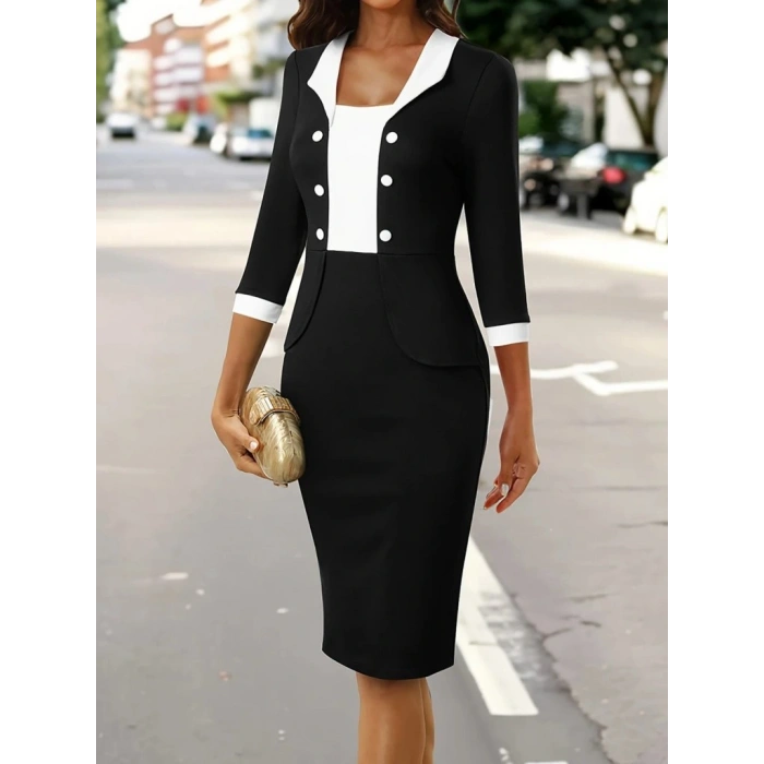 Kadın Truvakar Kol çift Renkli Düğmeli Kısa Ithal Krep Elbise