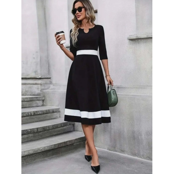 Kadın Truvakar Kol V Yakalı Janjan Krep Midi Elbise