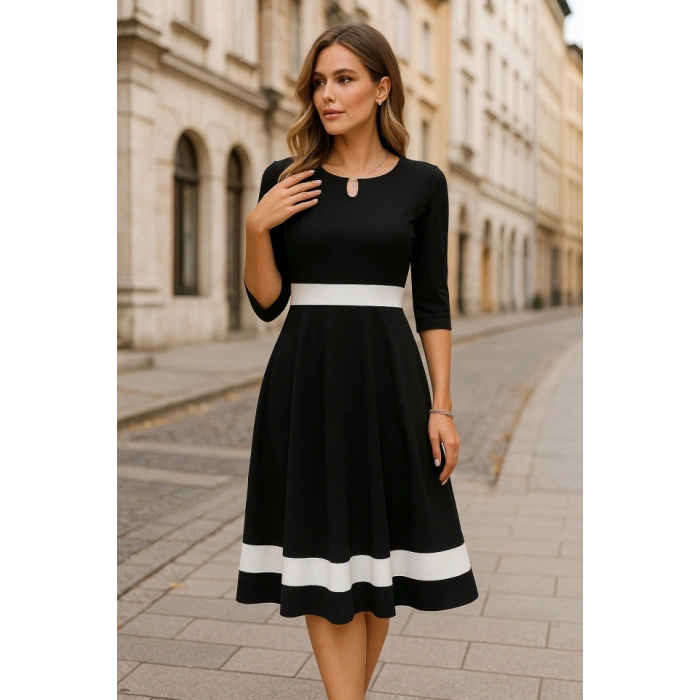 Kadın Truvakar Kol Yakası Açık Blok Renkli Krep Midi Elbise