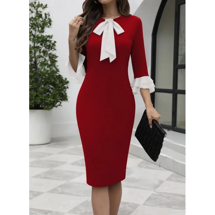 Kadın Truvakar Kollu Fiyonk Yakalı Midi Ithal Krep Elbise