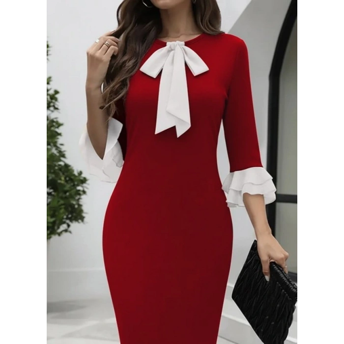 Kadın Truvakar Kollu Fiyonk Yakalı Midi Ithal Krep Elbise