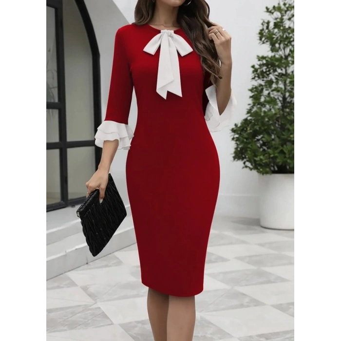 Kadın Truvakar Kollu Fiyonk Yakalı Midi Ithal Krep Elbise