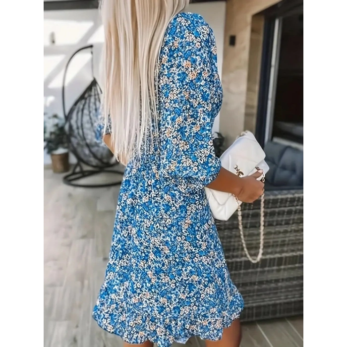 Kadın Truvakarkol Kruvaze Yakalı Beli Lastikli çiçek Desenli Süprem Elbise
