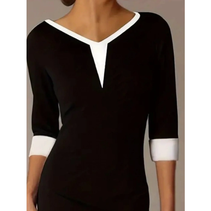 Kadın Truvakarkol V Yakalı Blok Renkli Kısa Janjan Krep Elbise