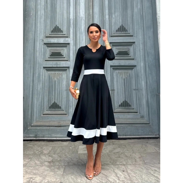 Kadın Truvakarkol Yakası Açık Blok Renkli Krep Midi Elbise