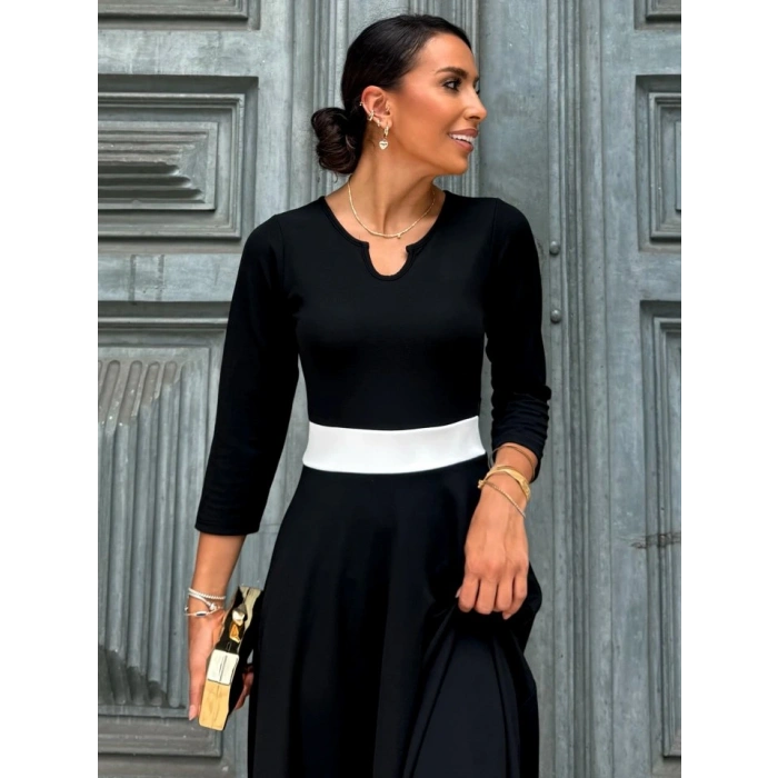 Kadın Truvakarkol Yakası Açık Blok Renkli Krep Midi Elbise