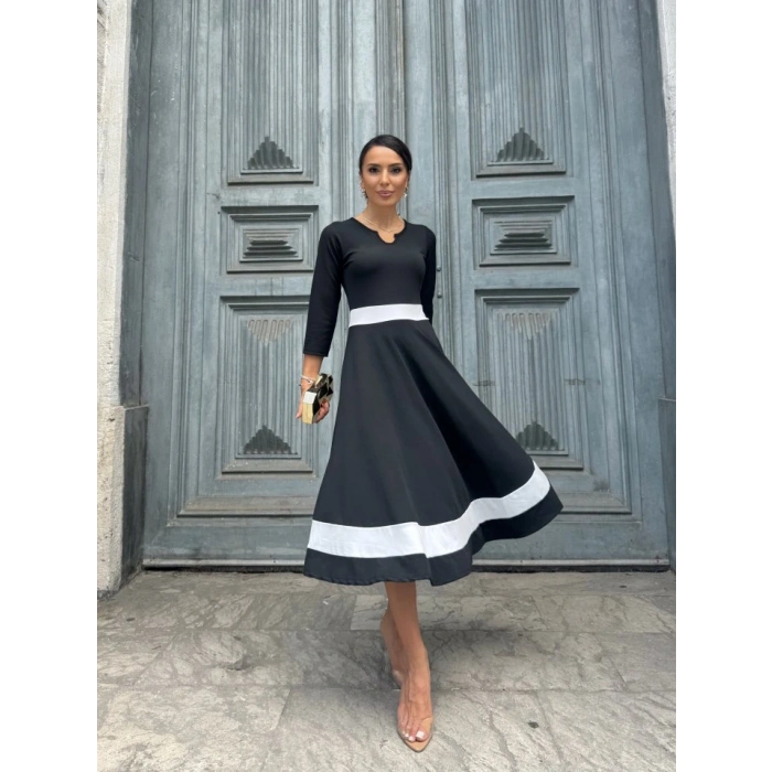 Kadın Truvakarkol Yakası Açık Blok Renkli Krep Midi Elbise