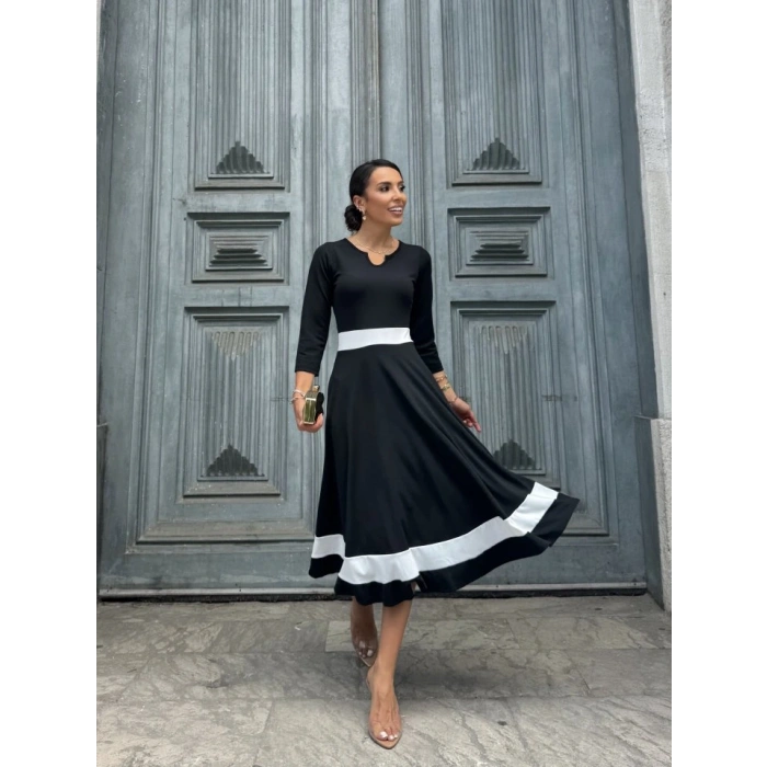 Kadın Truvakarkol Yakası Açık Blok Renkli Krep Midi Elbise