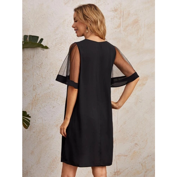 Kadın Tüllü Kısa Kollu V Yaka Krep Elbise