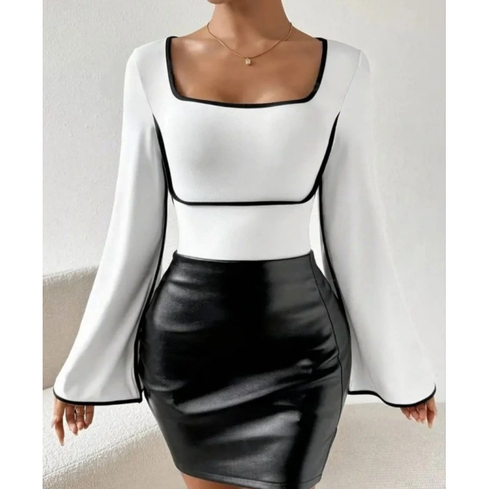 Kadın U Yaka iyah şerit Detyalı Yarasa Kol Dalgıç Kumaş Arabiyeli Bluz