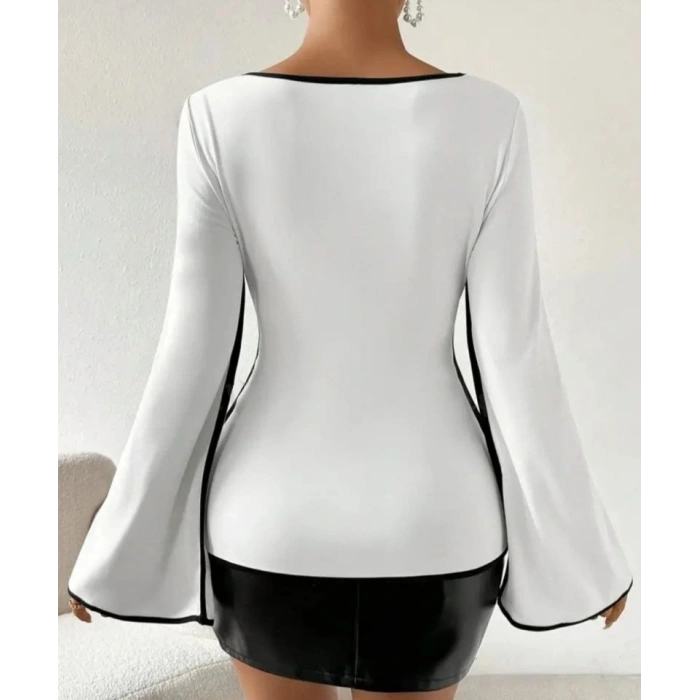 Kadın U Yaka iyah şerit Detyalı Yarasa Kol Dalgıç Kumaş Arabiyeli Bluz