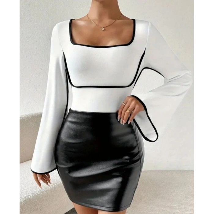 Kadın U Yaka iyah şerit Detyalı Yarasa Kol Dalgıç Kumaş Arabiyeli Bluz