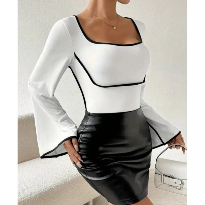 Kadın U Yaka iyah şerit Detyalı Yarasa Kol Dalgıç Kumaş Arabiyeli Bluz