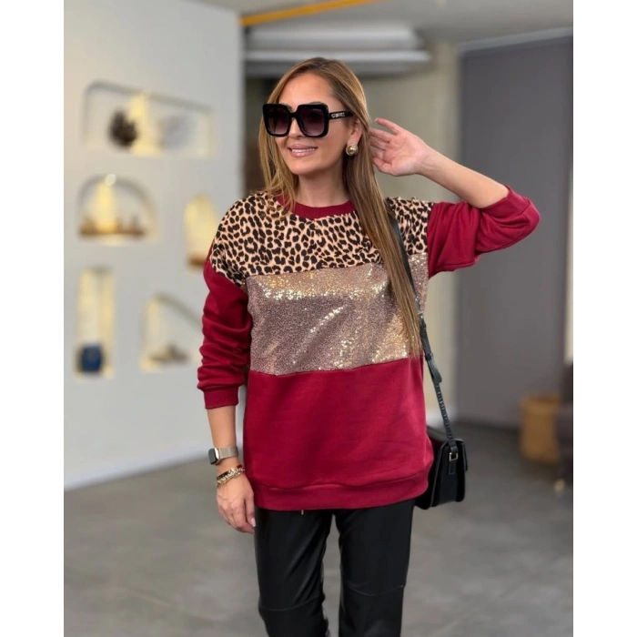 Kadın üç Iplik şardonlu Kumaş Leopar Desenli Bluz