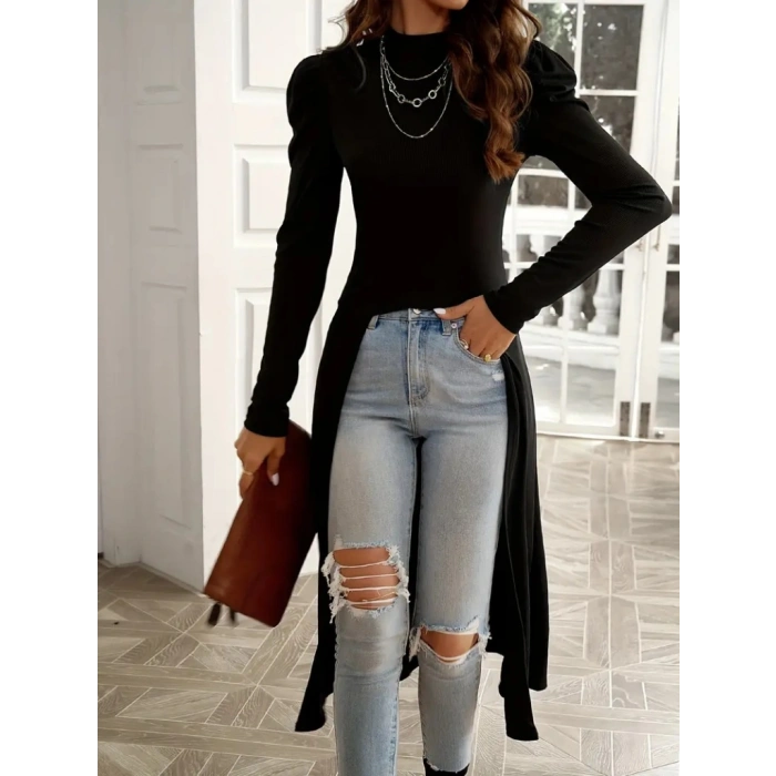 Kadın Uzun Balon Kollu Yarı Balıkçı Yaka önü Açık Kaşkorse Tunik