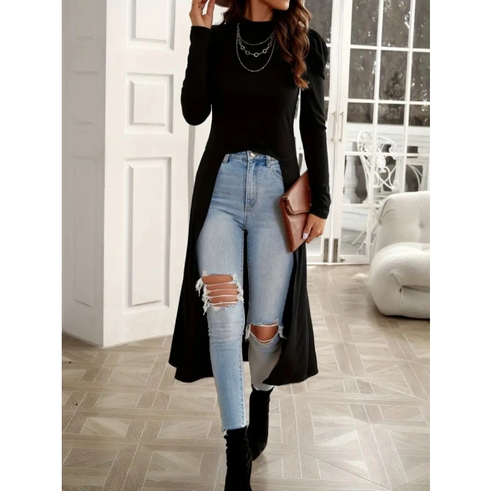 Kadın Uzun Balon Kollu Yarı Balıkçı Yaka önü Açık Kaşkorse Tunik