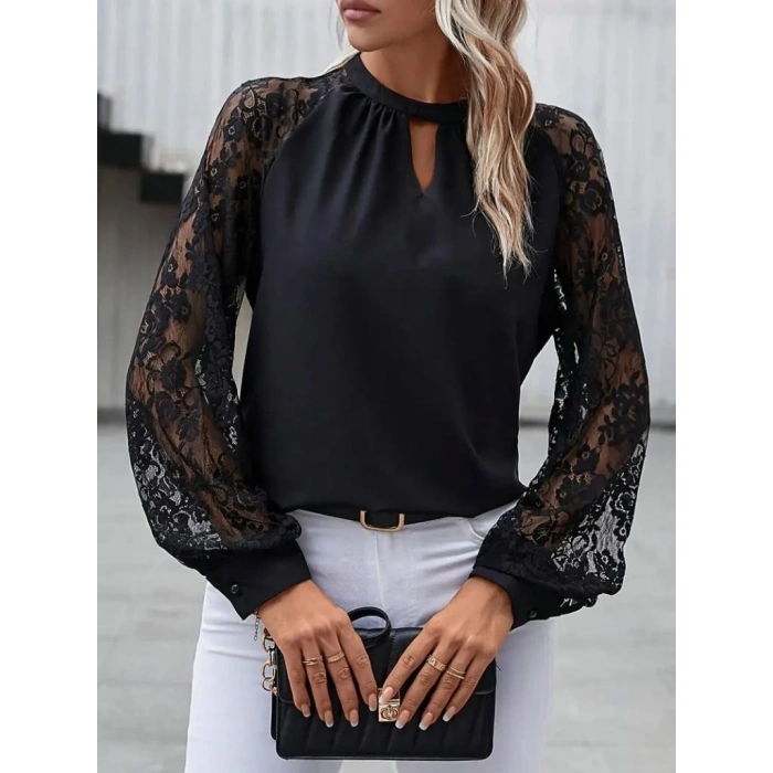 Kadın Uzun Dantel Kollu Yuvarlak Yakalı Sandy Bluz