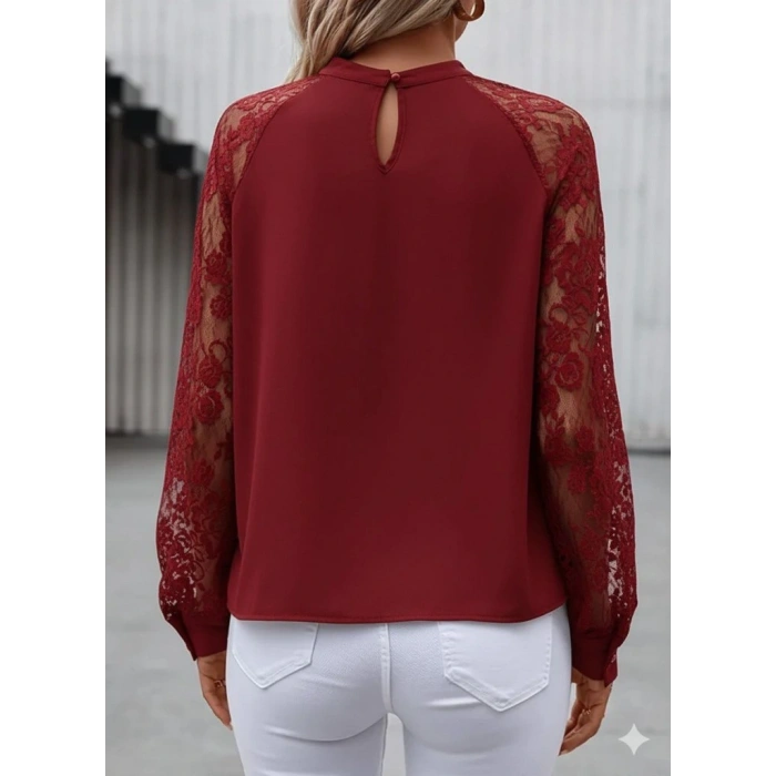 Kadın Uzun Dantel Kollu Yuvarlak Yakalı Sandy Bluz