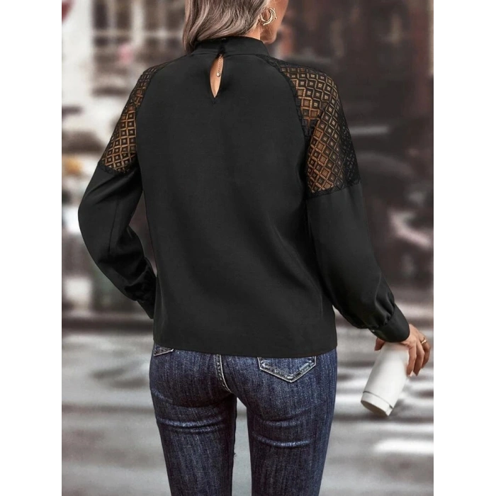 Kadın Uzun Kollu Anahtar Deliği Yaka Reglan Kol Dantel Detaylı Ithal Krep Bluz