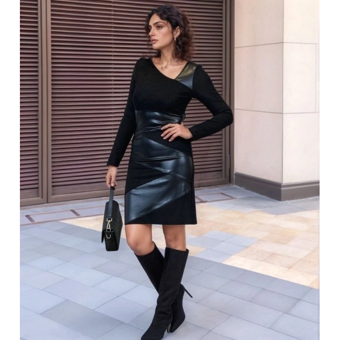 Kadın Uzun Kollu Asimetrik Yaka Süet Ve Deri Mini Boy Elbise