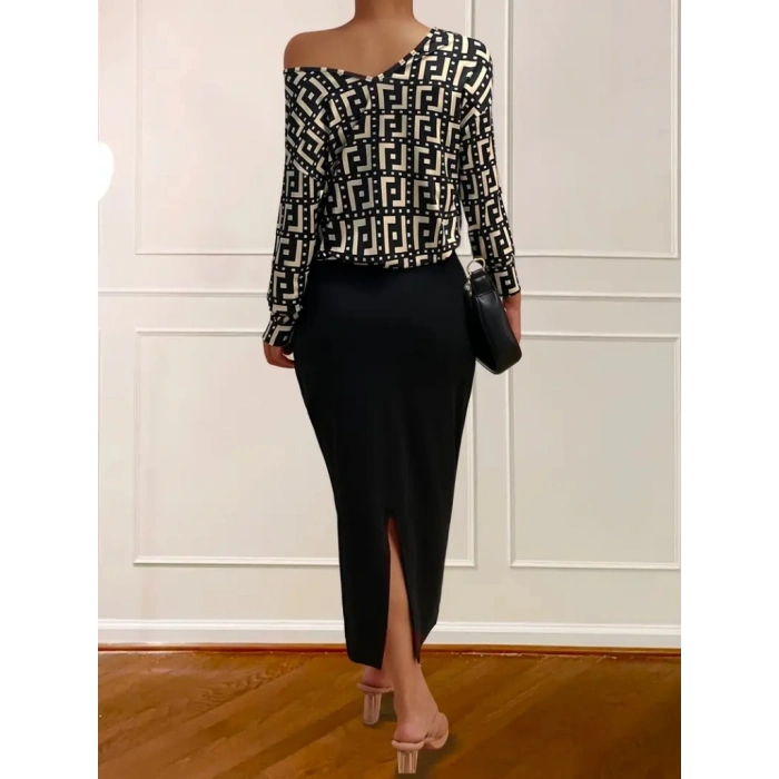 Kadın Uzun Kollu Askılı Yuvarlak Yakalı Yırtmaçlı Dalgıç Elbise Ile Yakalı Yunan Desenli Bluz Ikili Takım