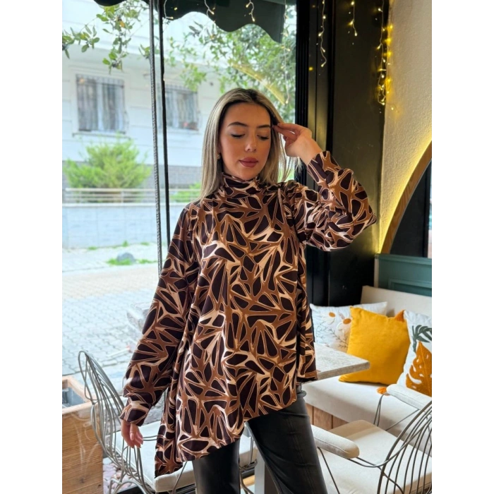 Kadın Uzun Kollu Balıkçı Yaka Asimetrik Kesim Salaş Bluz