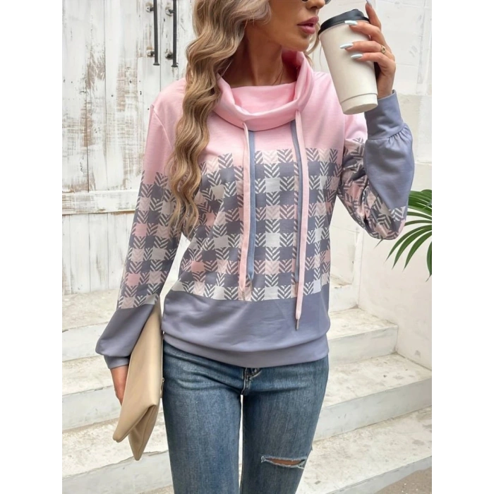 Kadın Uzun Kollu Balıkçı Yaka Bağcıklı Desenli şardonlu Dalgıç Bluz