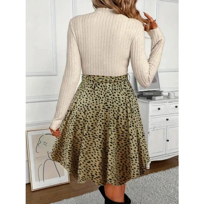 Kadın Uzun Kollu Balıkçı Yaka Belden Bağlamalı üst Kaşkorse Eteği Dalgıç Elbise