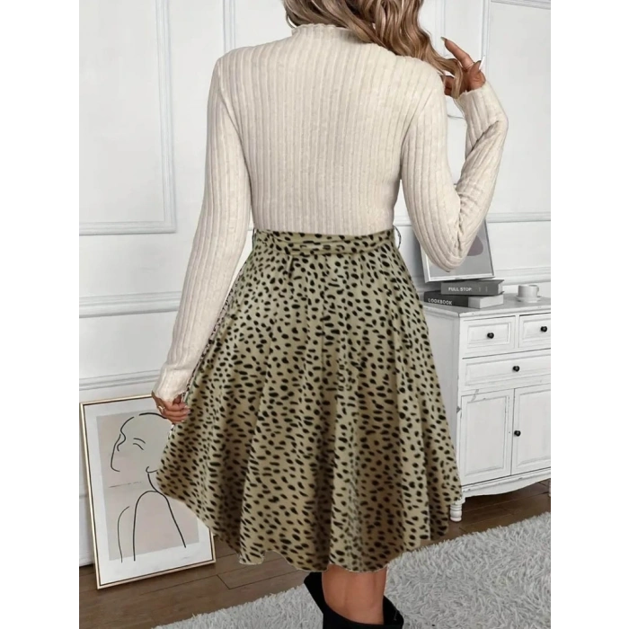 Kadın Uzun Kollu Balıkçı Yaka Belden Bağlamalı üst Kaşkorse Eteği Dalgıç Elbise