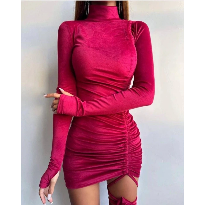 Kadın Uzun Kollu Balıkçı Yaka Büzgü Ve Gül Detay Kadife Kumaş ini Elbise