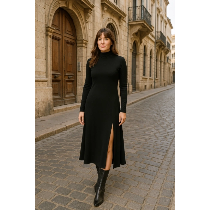 Kadın Uzun Kollu Balıkçı Yaka Derin Yırtmaç Detay Krep Elbise 120 Cm