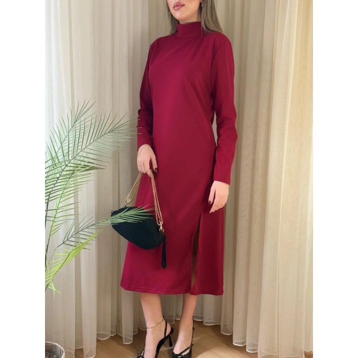 Kadın Uzun Kollu Balıkçı Yaka Derin Yırtmaç Detay Krep Elbise