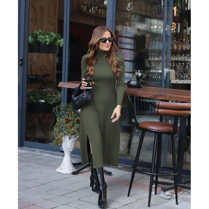 Kadın Uzun Kollu Balıkçı Yaka Derin Yırtmaç Detay Krep Elbise