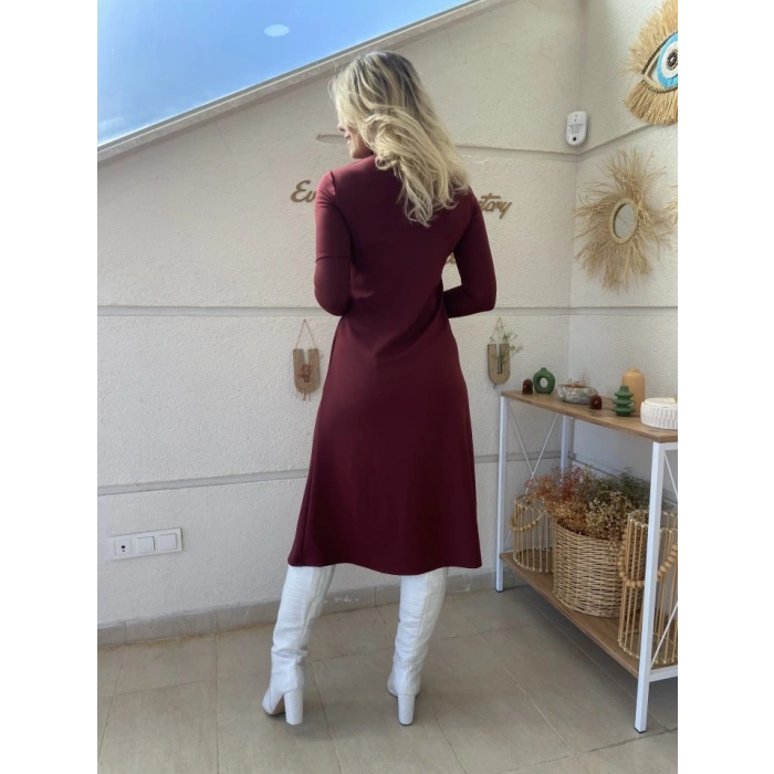 Kadın Uzun Kollu Balıkçı Yaka Derin Yırtmaç Detay Krep Elbise