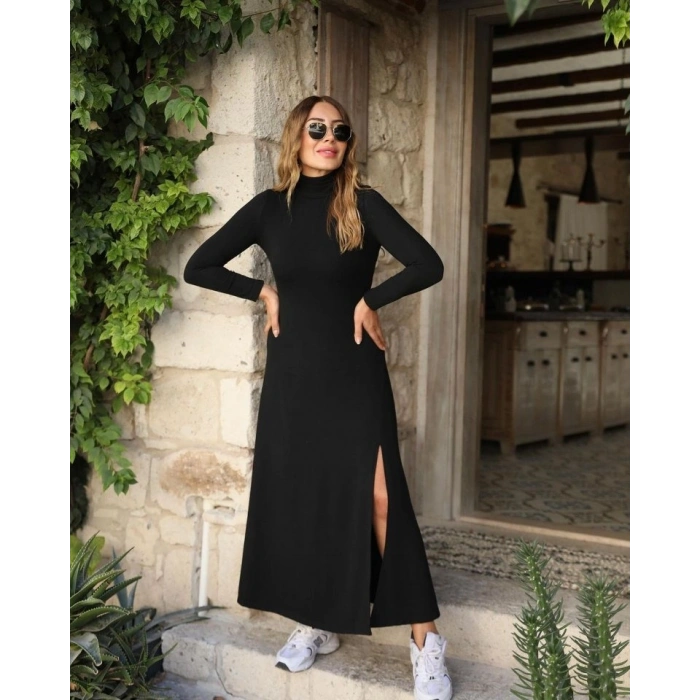 Kadın Uzun Kollu Balıkçı Yaka Derin Yırtmaç Detay Krep Elbise