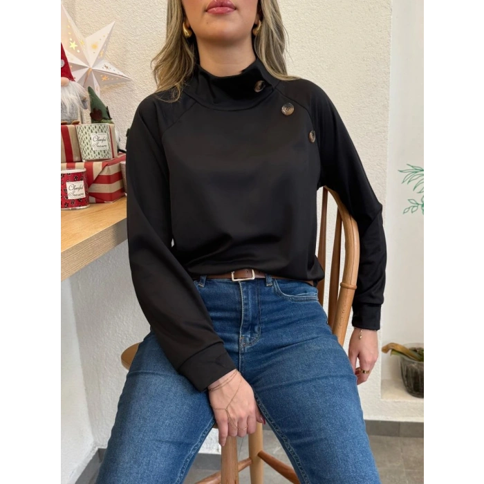 Kadın Uzun Kollu Balıkçı Yaka Düğme Detay şardonlu Dalgıç Bluz