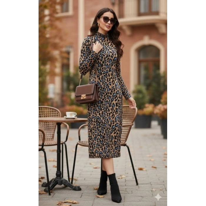 Kadın Uzun Kollu Balıkçı Yaka eopar Desenli idi Boy Elbise