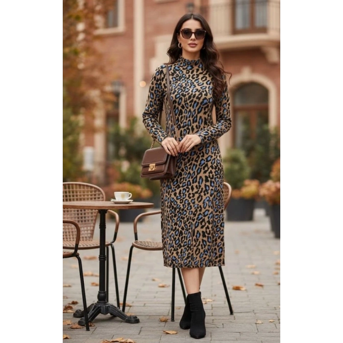 Kadın Uzun Kollu Balıkçı Yaka eopar Desenli idi Boy Elbise