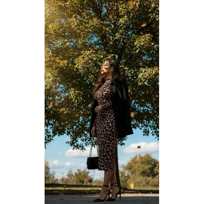 Kadın Uzun Kollu Balıkçı Yaka eopar Desenli idi Boy Elbise
