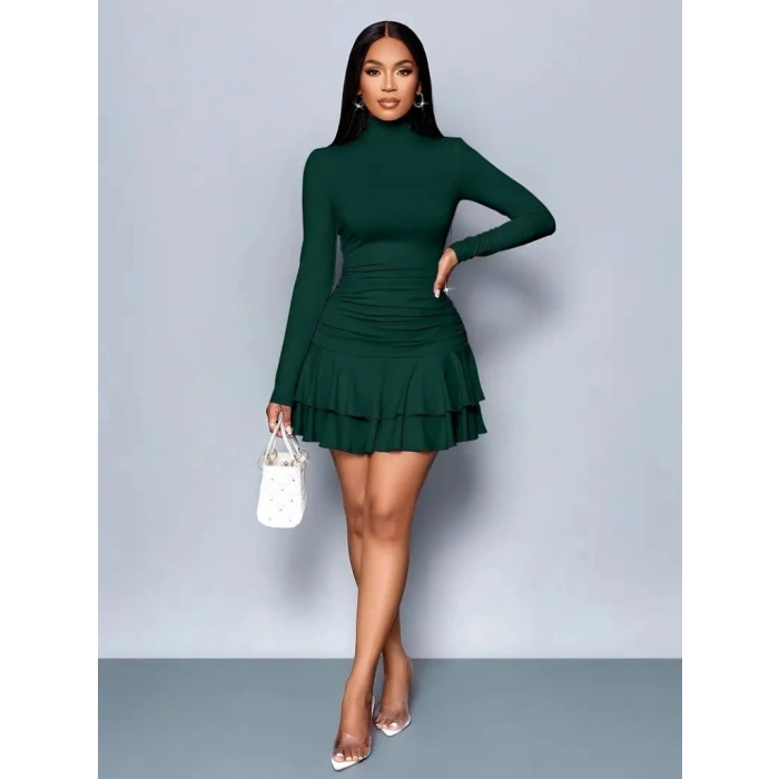 Kadın Uzun Kollu Balıkçı Yaka Mini Fırfırlı Sandy Elbise